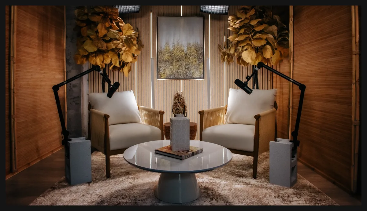 Enclave studio with warm bamboo walls, plants and intimate seating
