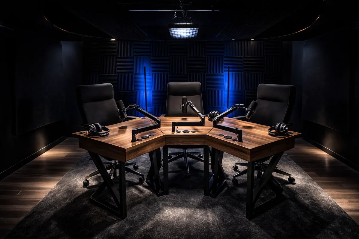 Nexus studio with three-seat table and blue-lit acoustic backdrop